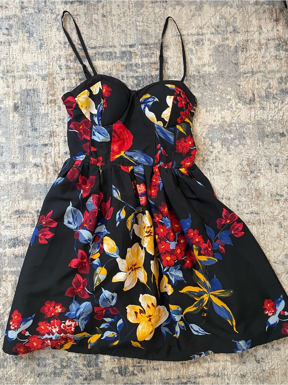 Floral Bustier Mini Dress — Black with Red, Yellow & Blue Blooms